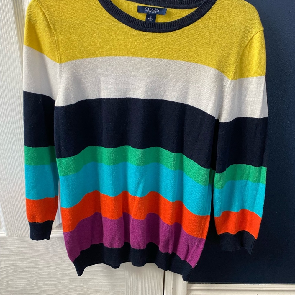 Chaps Multi-colored Rainbow Striped Crewneck Sweater 90s 80s Preppy Retro